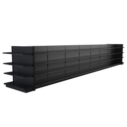 Lozier Black Gondola Shelving Island Display - 32ft Wide, 60"H, 22"D, 64 Shelves Lozier Black Gondola Shelving Island Display - 32ft Wide, 60"H, 22"D, 64 Shelves