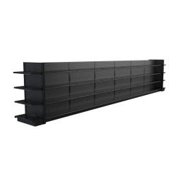 Lozier Black Gondola Shelving Island Display - 27ft Wide, 60"H, 13"D, 56 Shelves Lozier Black Gondola Shelving Island Display - 27ft Wide, 60"H, 13"D, 56 Shelves