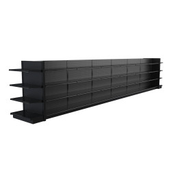 Lozier Black Gondola Shelving Island Display - 28ft Wide, 60"H, 16"D, 56 Shelves Lozier Black Gondola Shelving Island Display - 28ft Wide, 60"H, 16"D, 56 Shelves