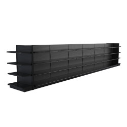 Lozier Black Gondola Shelving Island Display - 28ft Wide, 60"H, 19"D, 56 Shelves Lozier Black Gondola Shelving Island Display - 28ft Wide, 60"H, 19"D, 56 Shelves