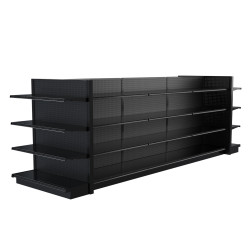 Lozier Black Gondola Shelving Island Display - 16ft Wide, 60"H, 22"D, 32 Shelves Lozier Black Gondola Shelving Island Display - 16ft Wide, 60"H, 22"D, 32 Shelves
