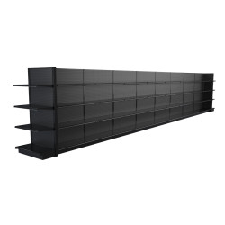 Lozier Black Gondola Shelving Island Display - 36ft Wide, 72"H, 16"D, 72 Shelves Lozier Black Gondola Shelving Island Display - 36ft Wide, 72"H, 16"D, 72 Shelves