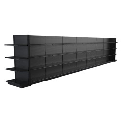 Lozier Black Gondola Shelving Island Display - 32ft Wide, 72"H, 16"D, 64 Shelves Lozier Black Gondola Shelving Island Display - 32ft Wide, 72"H, 16"D, 64 Shelves
