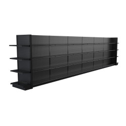 Lozier Black Gondola Shelving Island Display - 27ft Wide, 72"H, 13"D, 56 Shelves Lozier Black Gondola Shelving Island Display - 27ft Wide, 72"H, 13"D, 56 Shelves