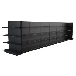Lozier Black Gondola Shelving Island Display - 28ft Wide, 72"H, 22"D, 56 Shelves Lozier Black Gondola Shelving Island Display - 28ft Wide, 72"H, 22"D, 56 Shelves