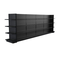 Lozier Black Gondola Shelving Island Display - 19ft Wide, 72"H, 13"D, 40 Shelves Lozier Black Gondola Shelving Island Display - 19ft Wide, 72"H, 13"D, 40 Shelves