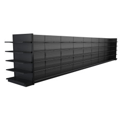 Lozier Black Gondola Shelving Double Sided - 36ft Wide, 78"H, 22"D, 90 Shelves Lozier Black Gondola Shelving Double Sided - 36ft Wide, 78"H, 22"D, 90 Shelves