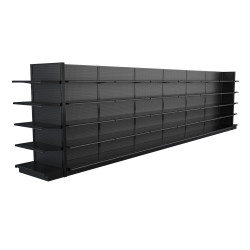 Lozier Black Gondola Shelving Double Sided - 28ft Wide, 78"H, 19"D, 70 Shelves Lozier Black Gondola Shelving Double Sided - 28ft Wide, 78"H, 19"D, 70 Shelves