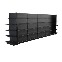 Lozier Black Gondola Shelving Island Display - 19ft Wide, 78"H, 13"D, 50 Shelves Lozier Black Gondola Shelving Island Display - 19ft Wide, 78"H, 13"D, 50 Shelves