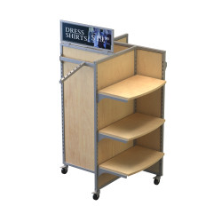 Silver Rackform Apparel Display with 6 Shelves & 2 Hangbars, 44W 62H retail fixture shown empty with display accessories and a metal sign holder. Ideal for visual merchandising in retail environments. Silver Rackform Apparel Display with 6 Shelves & 2 Hangbars, 44W 62H retail fixture shown empty with display accessories and a metal sign holder. Ideal for visual merchandising in retail environments.