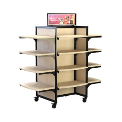 Black Rackform Apparel Display with 16 Shelves, 59W 62H retail fixture shown empty with display accessories and a metal sign holder. Ideal for visual merchandising in retail environments. Black Rackform Apparel Display with 16 Shelves, 59W 62H retail fixture shown empty with display accessories and a metal sign holder. Ideal for visual merchandising in retail environments.