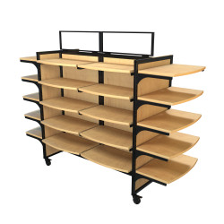 Versatile Cigarette Display 84W 62H with 30 Shelves — Black & Wood retail fixture shown without merchandise. Ideal for visual merchandising in retail environments. Versatile Cigarette Display 84W 62H with 30 Shelves — Black & Wood retail fixture shown without merchandise. Ideal for visual merchandising in retail environments.