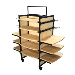 Wood Mobile Display with 16 Shelves & 4 Hangbars with 20 Peghooks, 59W 62H retail fixture shown without merchandise. Ideal for visual merchandising in retail environments.