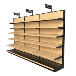 12ft single-sided gondola bread display rack featuring a black metal frame and 15 adjustable slatted wood shelves, shown with bakery signage holders for bagels and baguettes.