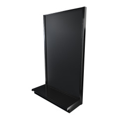 Black single-sided Lozier gondola shelving starter unit with metal construction and marteck panels.
