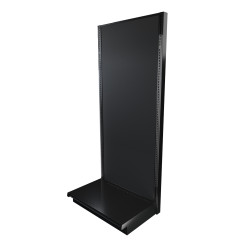Black single-sided Lozier gondola shelving starter unit with metal construction and marteck panels.