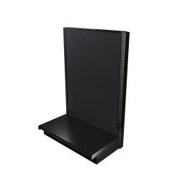 Black single-sided Lozier gondola shelving starter unit with metal construction and marteck panels.