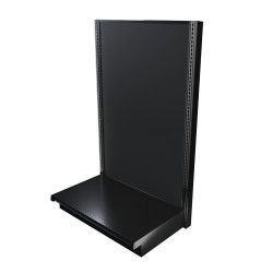 Black single-sided Lozier gondola shelving starter unit with metal construction and marteck panels.