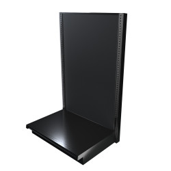 Black single-sided Lozier gondola shelving starter unit with metal construction and marteck panels.