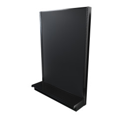 Black single-sided Lozier gondola shelving starter unit with metal construction and marteck panels.