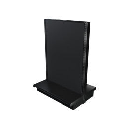 Black double-sided Lozier gondola shelving starter unit with metal construction and marteck panels.