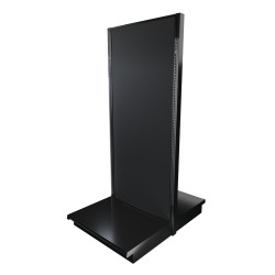 Black double-sided Lozier gondola shelving starter unit with metal construction and marteck panels.