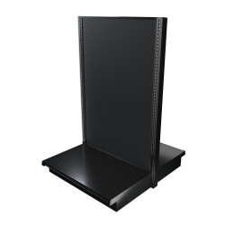 Black double-sided Lozier gondola shelving starter unit with metal construction and marteck panels.