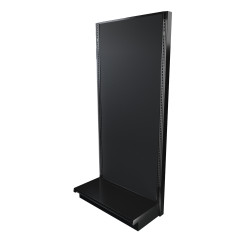 Black single-sided Lozier gondola shelving starter unit with metal construction and marteck panels.