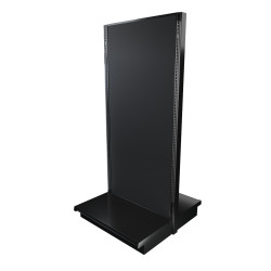 Black double-sided Lozier gondola shelving starter unit with metal construction and marteck panels.