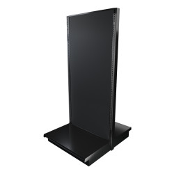 Black double-sided Lozier gondola shelving starter unit with metal construction and marteck panels.