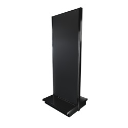 Black double-sided Lozier gondola shelving starter unit with metal construction and marteck panels.
