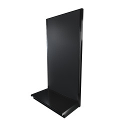 Black single-sided Lozier gondola shelving starter unit with metal construction and marteck panels.