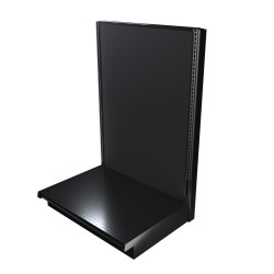 Black single-sided Lozier gondola shelving starter unit with metal construction and marteck panels.