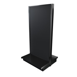 Black double-sided Lozier gondola shelving starter unit with metal construction and marteck panels.