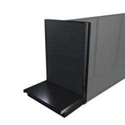 Black Lozier gondola shelving retail end cap with metal construction and marteck panels.