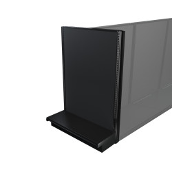 Black Lozier gondola shelving retail end cap with metal construction and marteck panels.