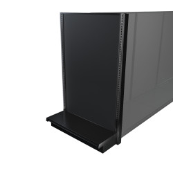 Black Lozier gondola shelving retail end cap with metal construction and marteck panels.