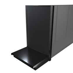 Black Lozier gondola shelving retail end cap with metal construction and marteck panels.