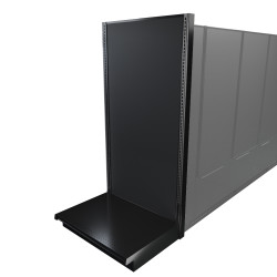 Black Lozier gondola shelving retail end cap with metal construction and marteck panels.