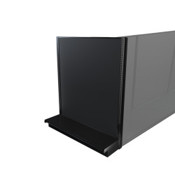 Black Lozier gondola shelving retail end cap with metal construction and marteck panels.