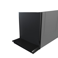 Black Lozier gondola shelving retail end cap with metal construction and marteck panels.