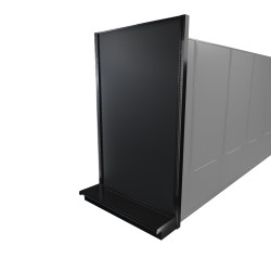 Black Lozier gondola shelving retail end cap with metal construction and marteck panels.