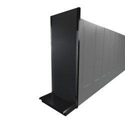 Black Lozier gondola shelving retail end cap with metal construction and marteck panels.