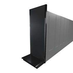 Black Lozier gondola shelving retail end cap with metal construction and marteck panels.