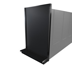 Black Lozier gondola shelving retail end cap with metal construction and marteck panels.