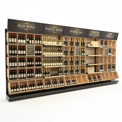 wine gondola shelving features wood shelves, bottle cubbies, angled base displays, and category signage for organized wine merchandising