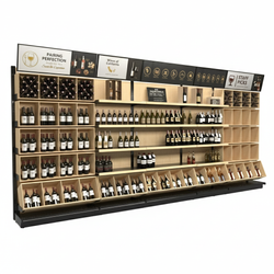 wine gondola shelving features wood shelves, angled bottle displays, cubbies, and top signage for premium wine merchandising.