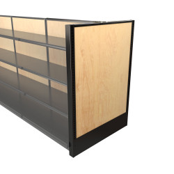 black and wood gondola shelving end panel display for convenience and retail stores