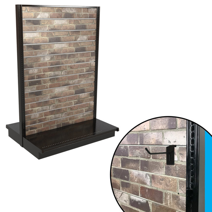 Brick slatwall double-sided gondola shelving unit shown, with closeup showing slatwall hook.