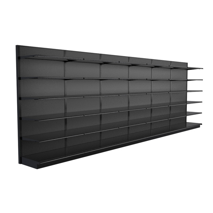 Lozier Black Gondola Shelving Wall Display - 24ft Wide, 96"H, 25"D, 36 Shelves